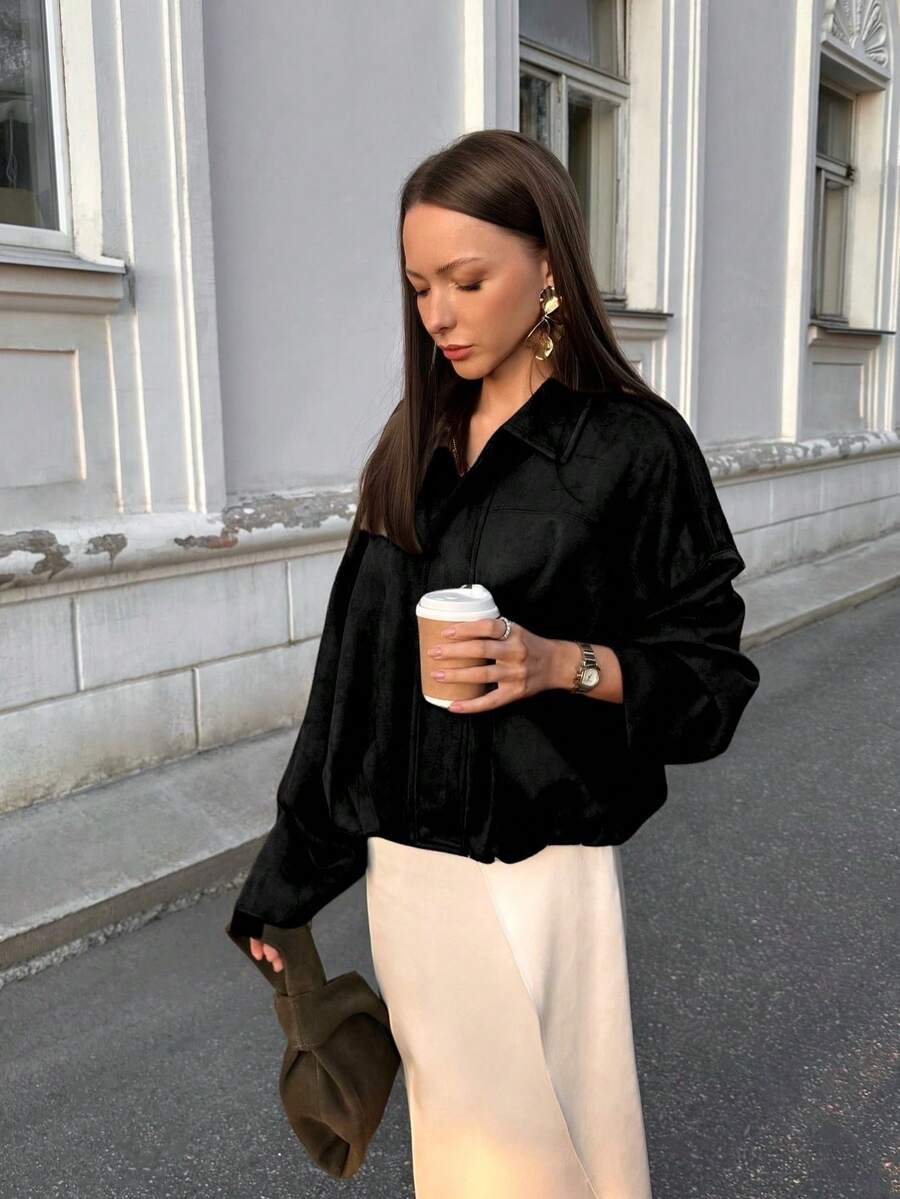 Dámská volná vintage ass – klasický límec, dlouhý rukáv, podzimní styl