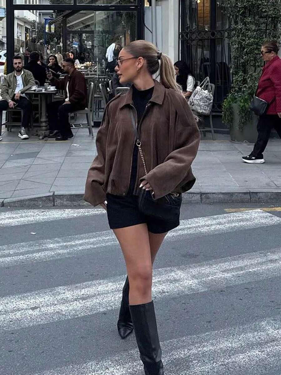 Dámská volná vintage ass – klasický límec, dlouhý rukáv, podzimní styl