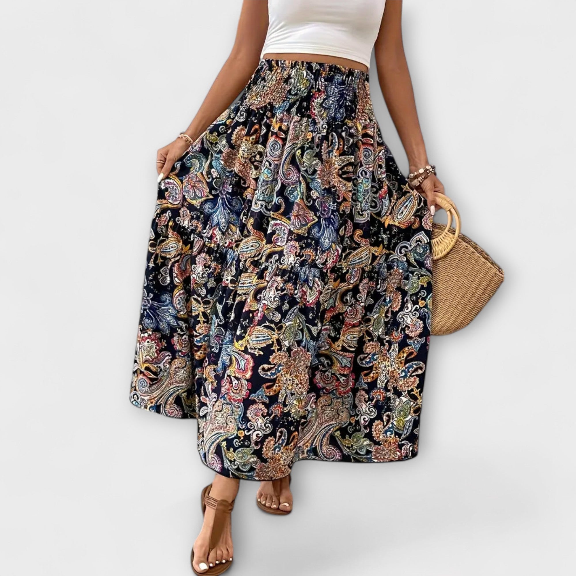 Beáta | Midi sukně s boho potiskem a splývavou látkou
