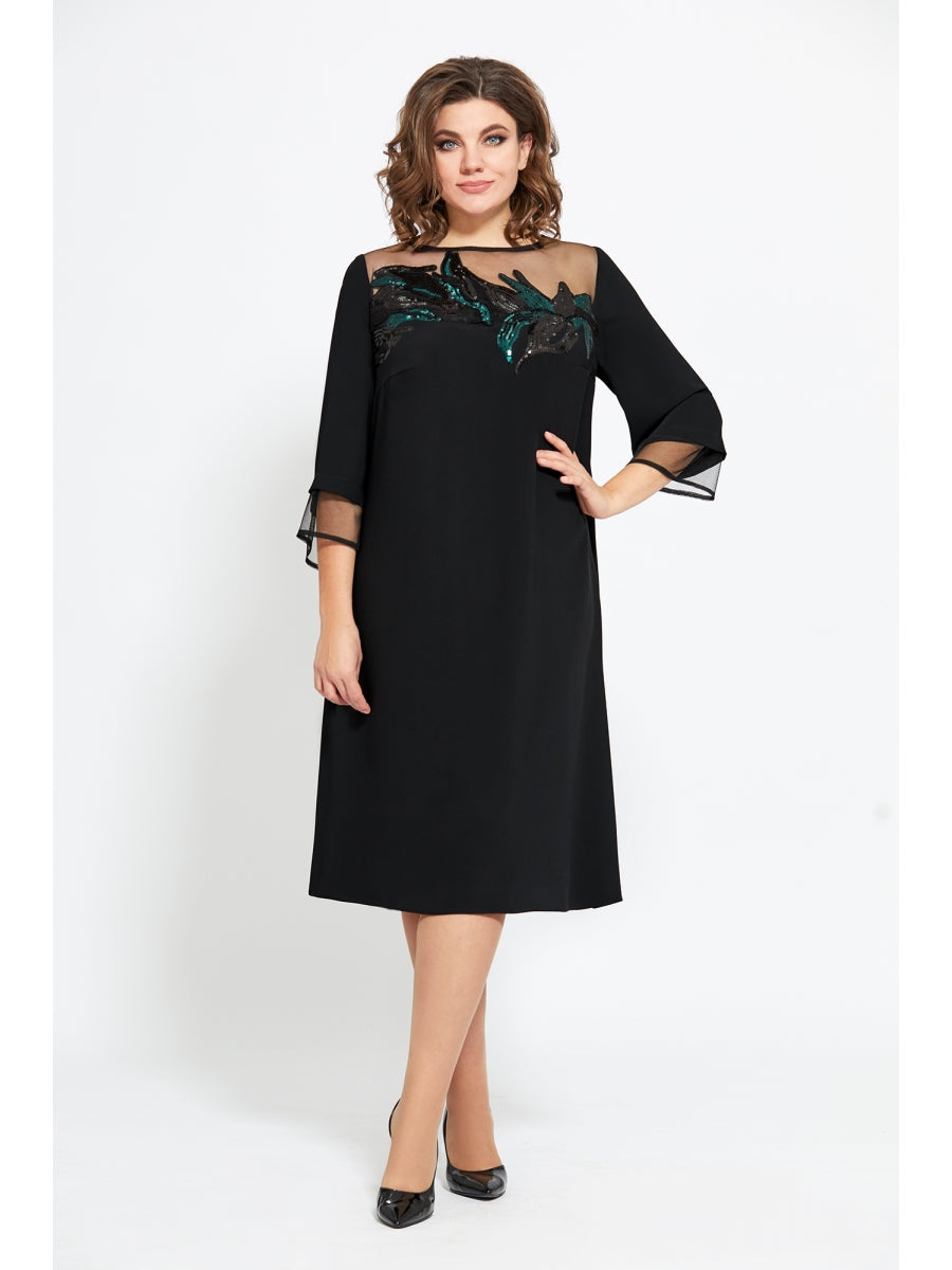 Joana | Elegantní černé šaty s tylovým živůtkem a zelenou výšivkou