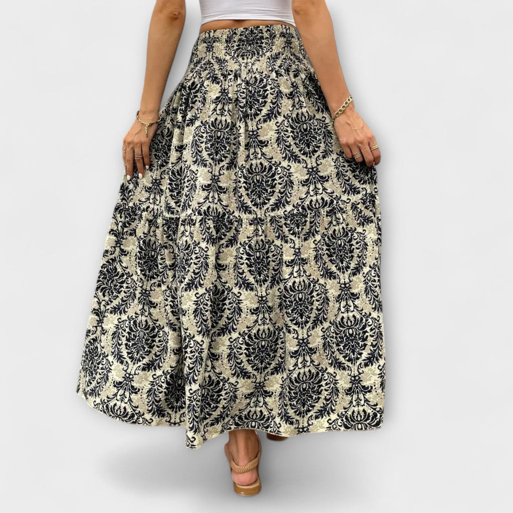 Beáta | Midi sukně s boho potiskem a splývavou látkou