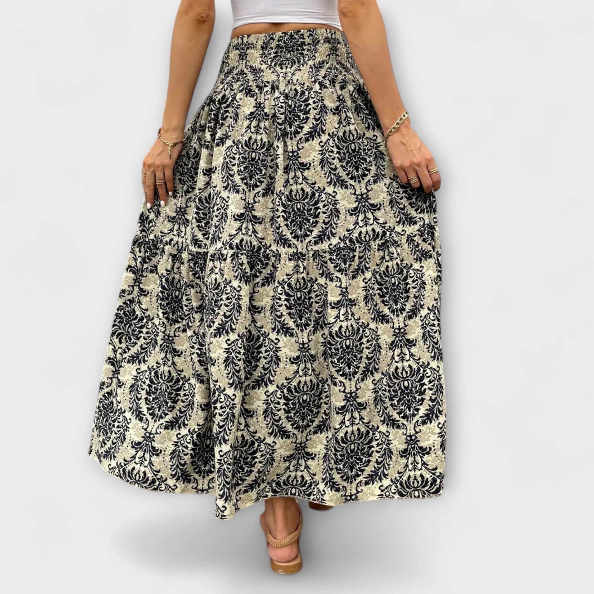 Beáta | Midi sukně s boho potiskem a splývavou látkou