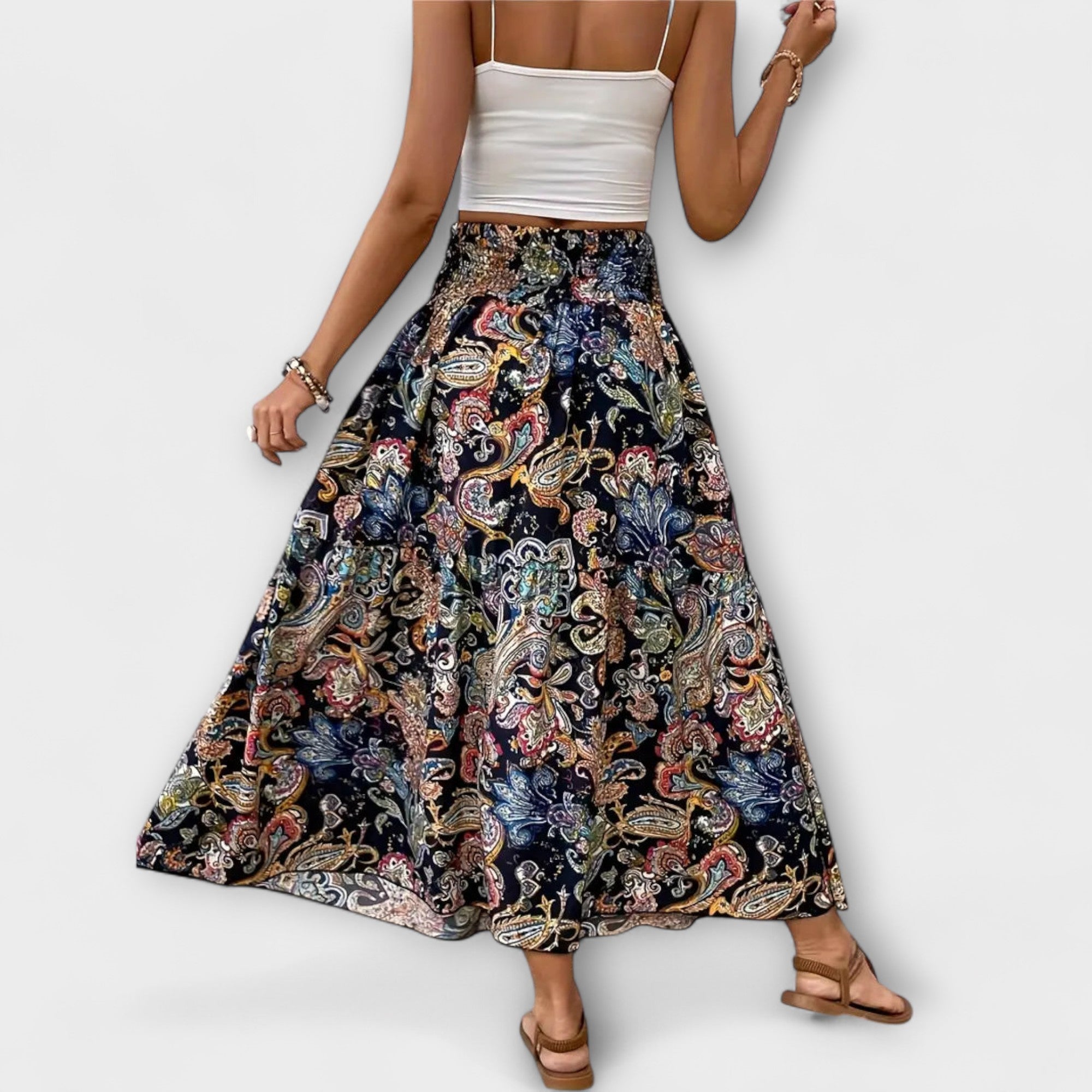 Beáta | Midi sukně s boho potiskem a splývavou látkou