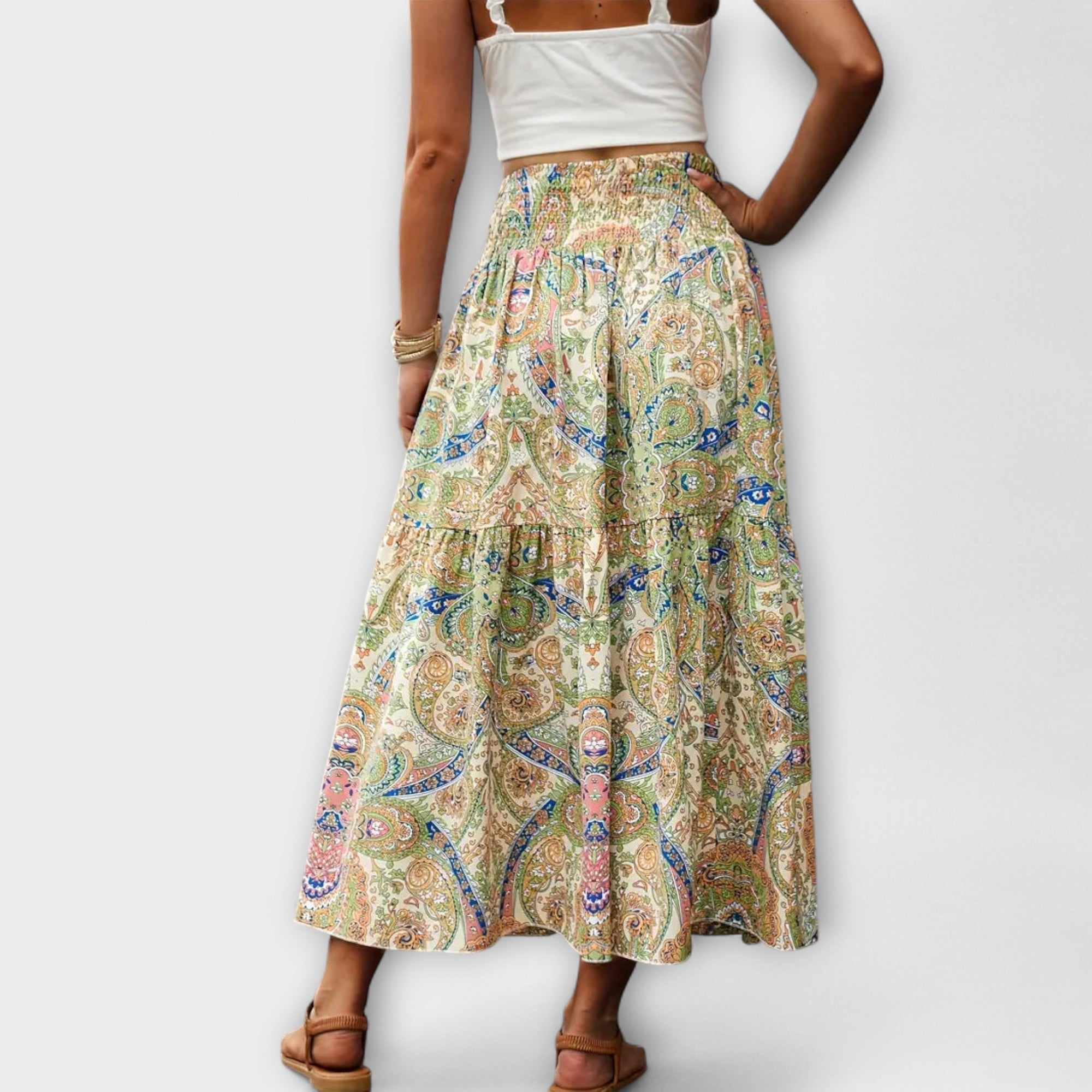 Beáta | Midi sukně s boho potiskem a splývavou látkou