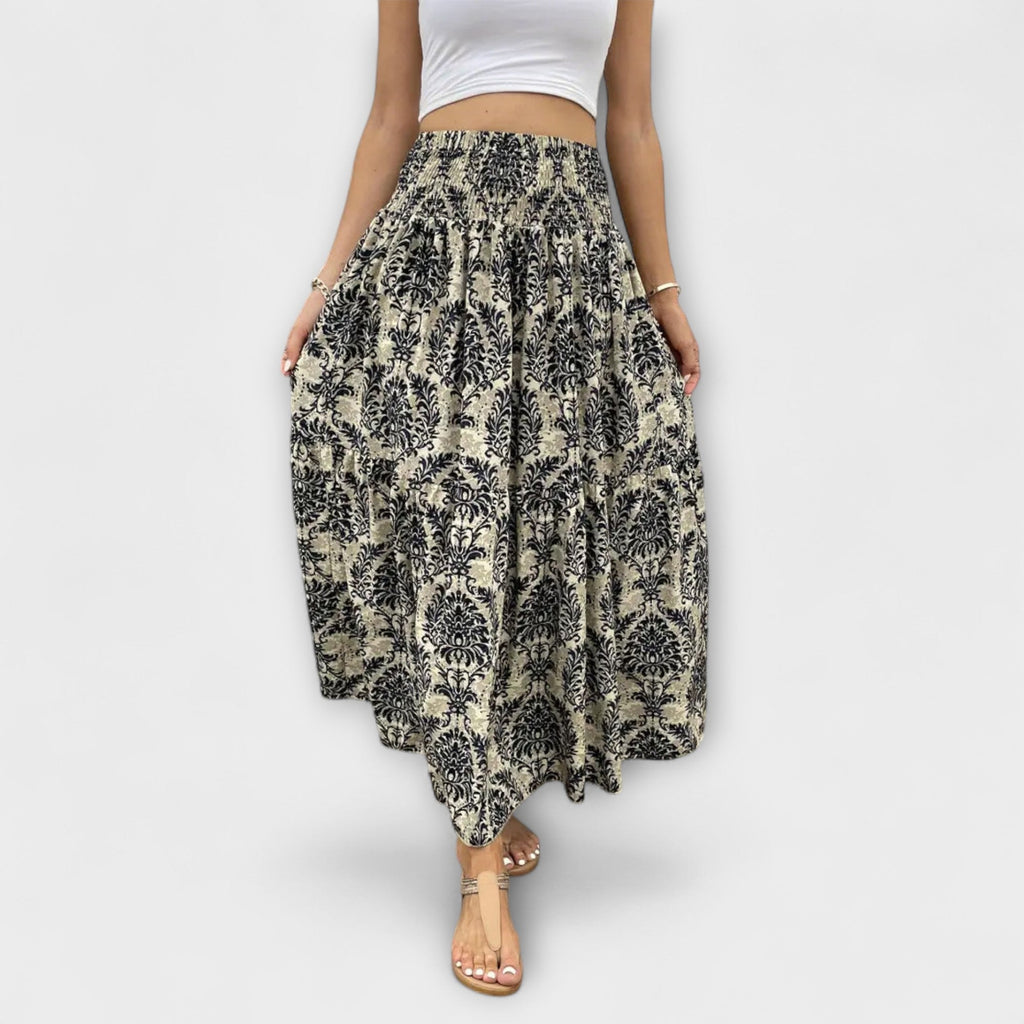 Beáta | Midi sukně s boho potiskem a splývavou látkou