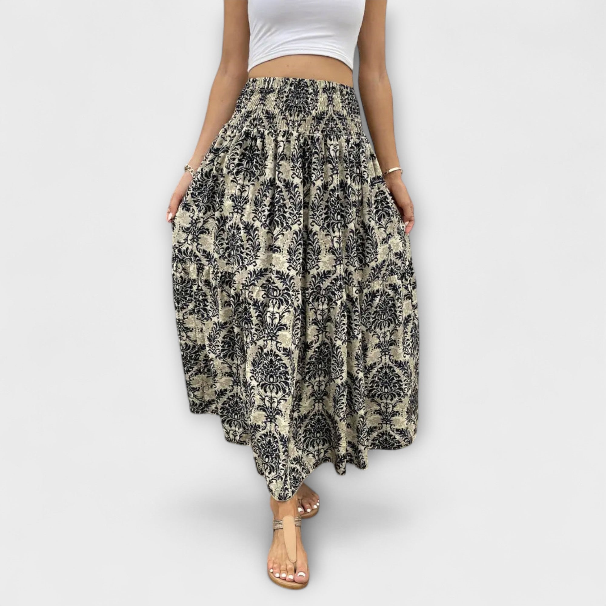 Beáta | Midi sukně s boho potiskem a splývavou látkou