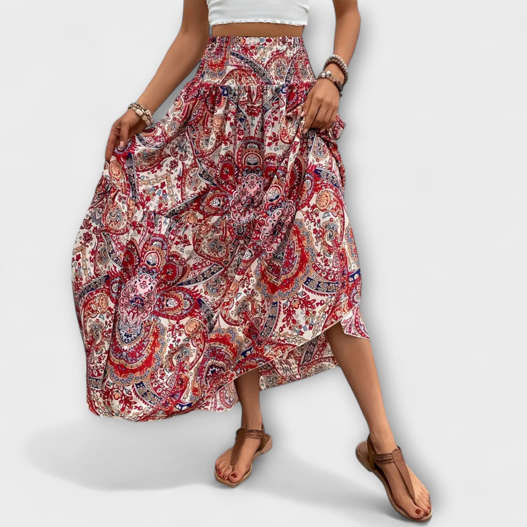 Beáta | Midi sukně s boho potiskem a splývavou látkou