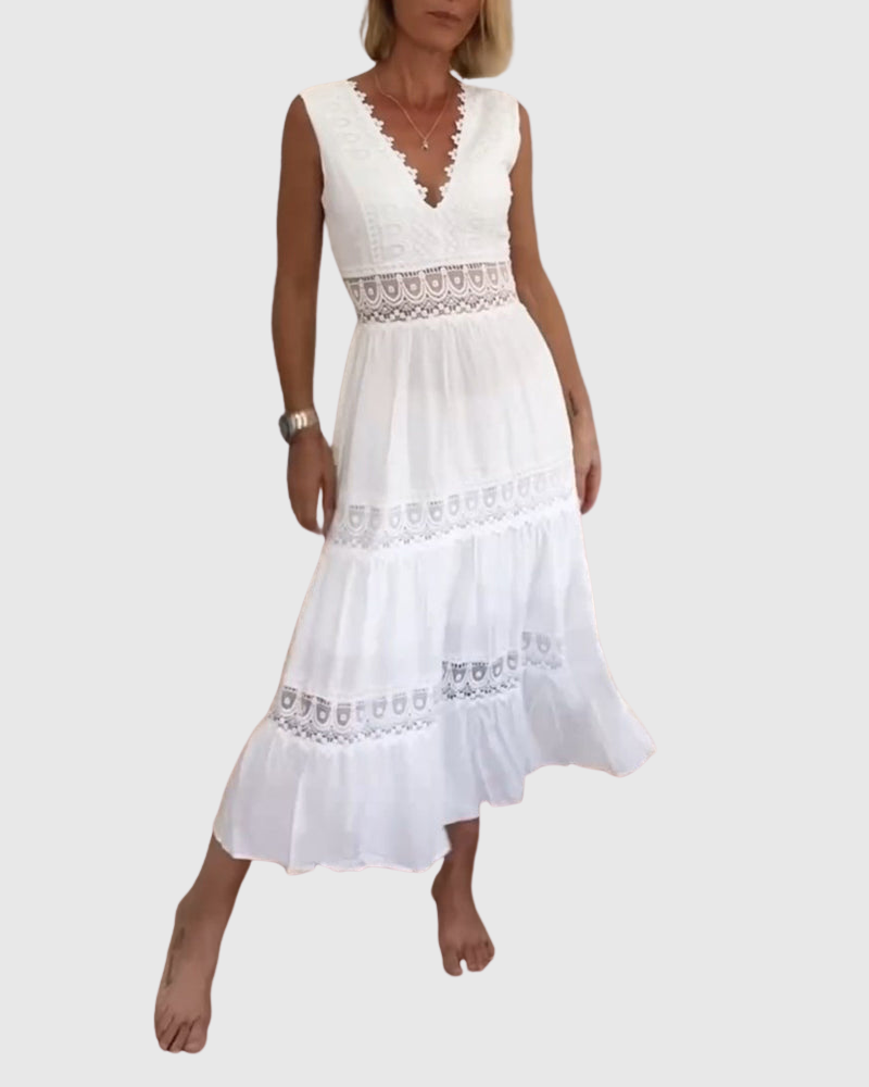 Nymphea | Bezrukávové midi šaty v boho stylu s krajkovými detailními