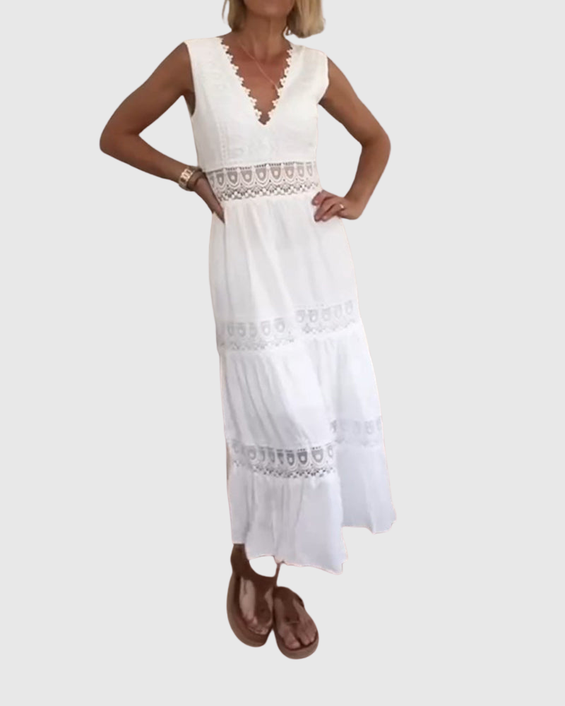 Nymphea | Bezrukávové midi šaty v boho stylu s krajkovými detailními