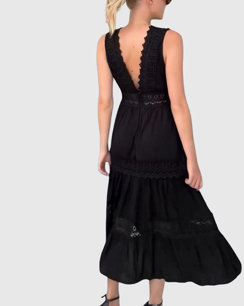 Nymphea | Bezrukávové midi šaty v boho stylu s krajkovými detailními