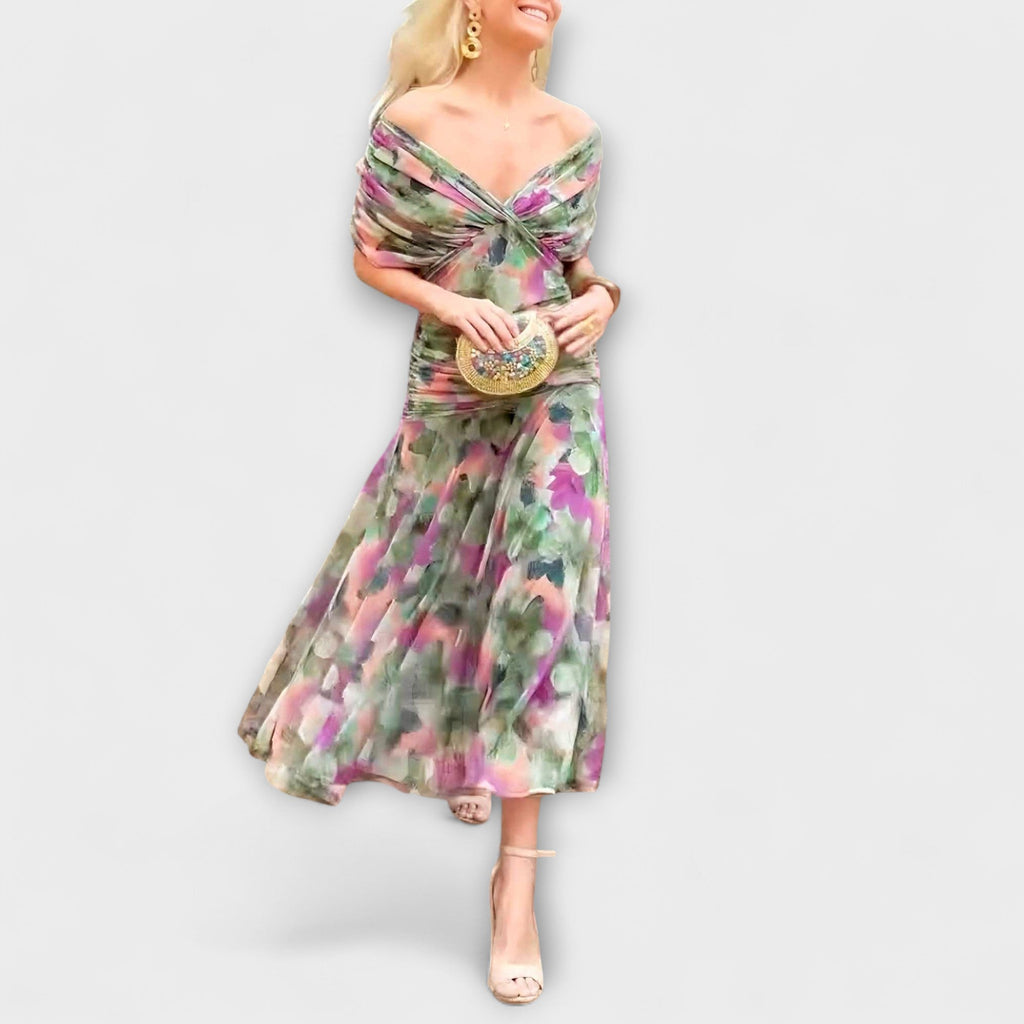 Jarmila – Elegantní maxi šaty s květinovým motivem Výstřihem do V 