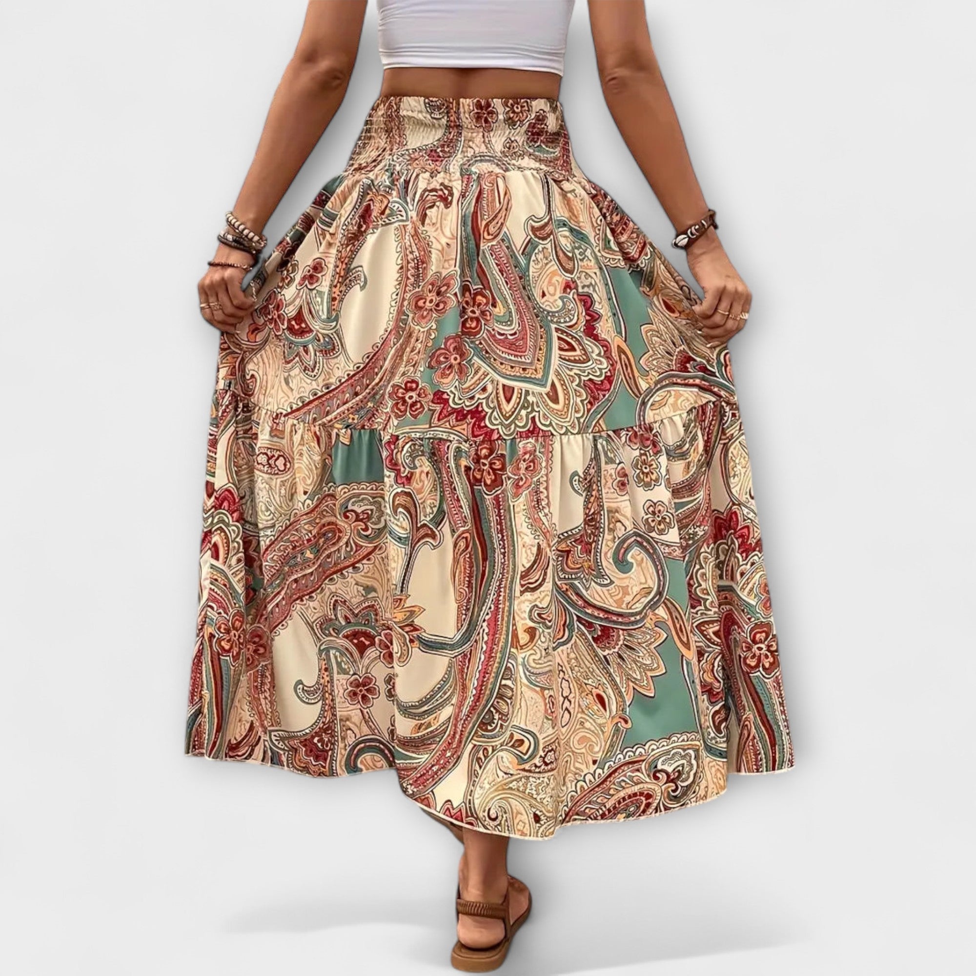 Beáta | Midi sukně s boho potiskem a splývavou látkou