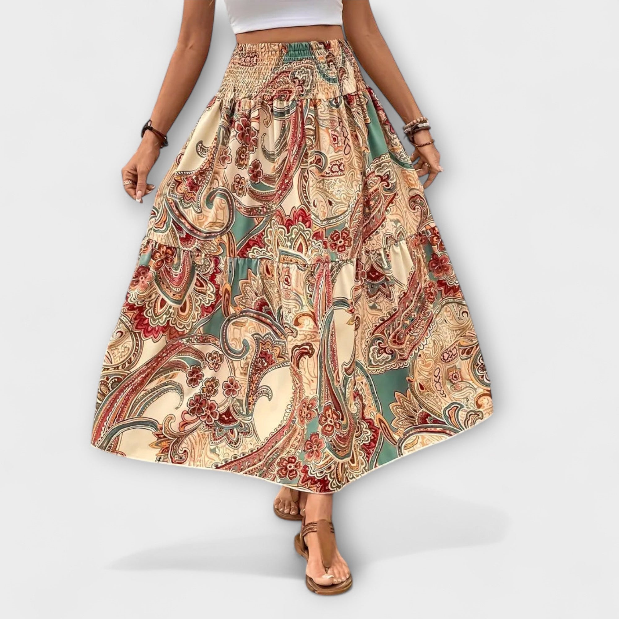 Beáta | Midi sukně s boho potiskem a splývavou látkou