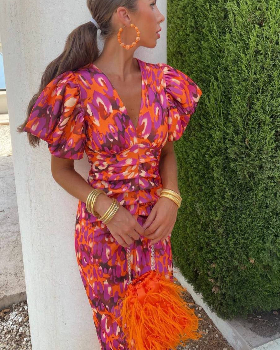 SIMONA | Elegantní šaty s výstřihem do V a nabíranými rukávy