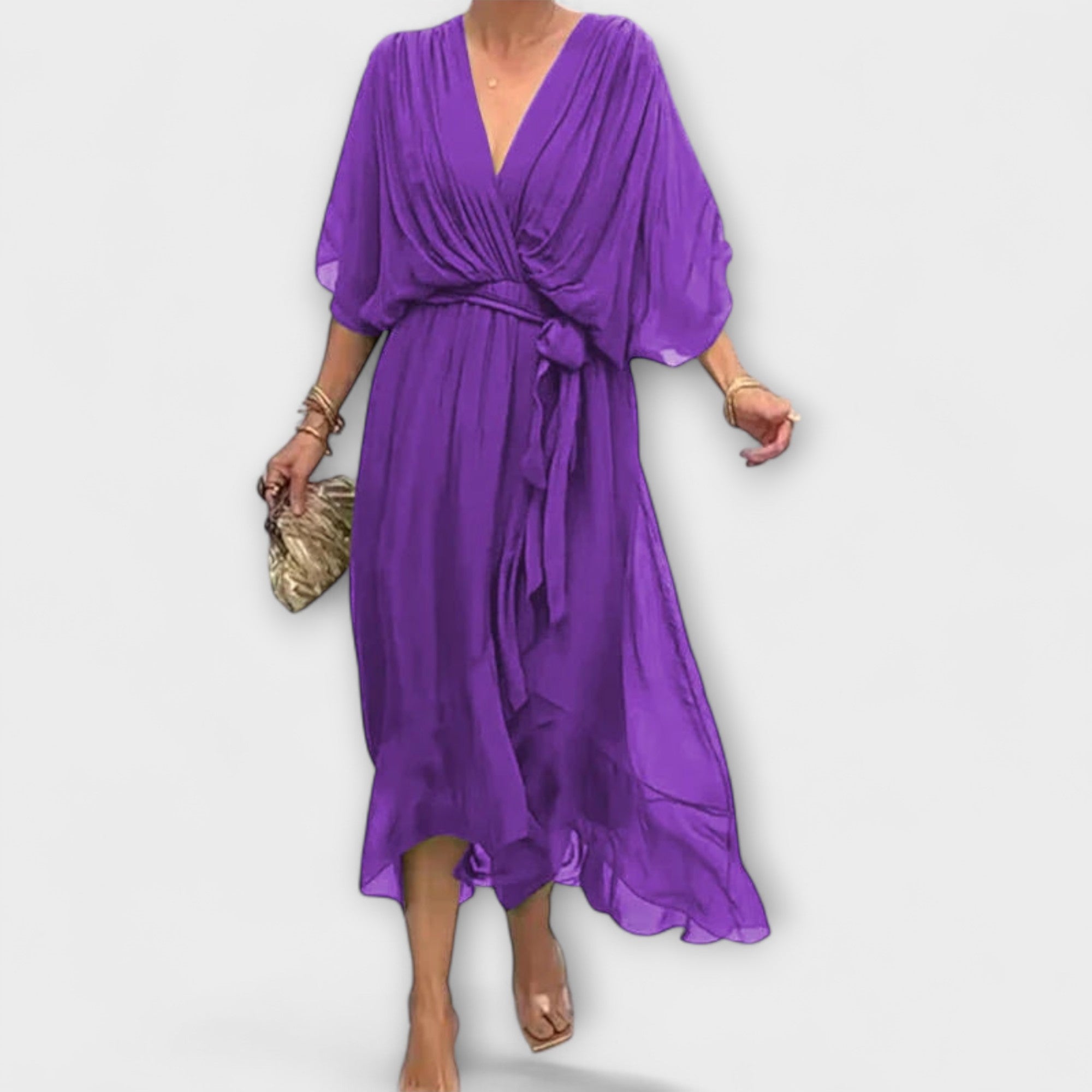 Mirka | Lehké damské midi šaty s výstřihem do V a zavazováním v pase