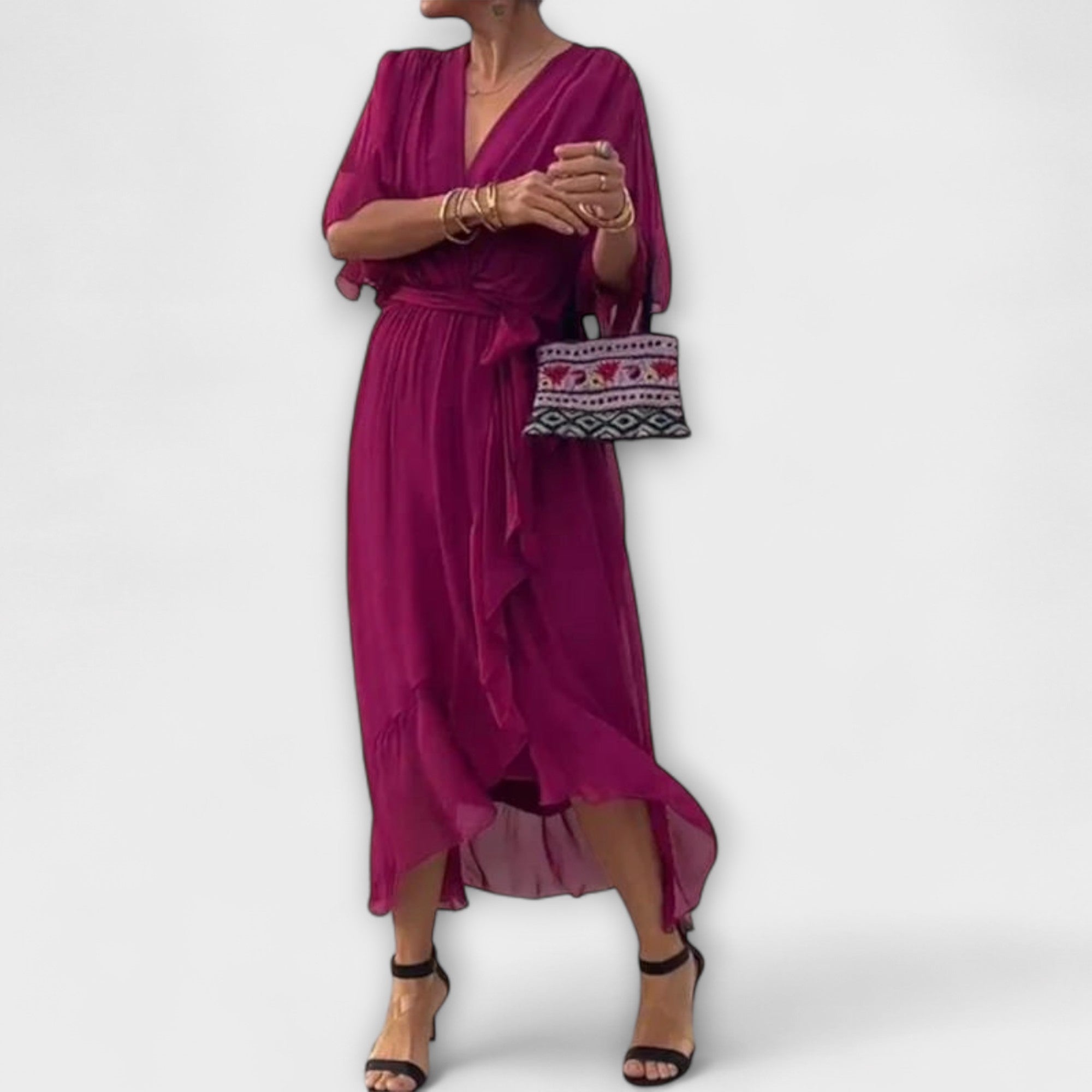 Mirka | Lehké damské midi šaty s výstřihem do V a zavazováním v pase