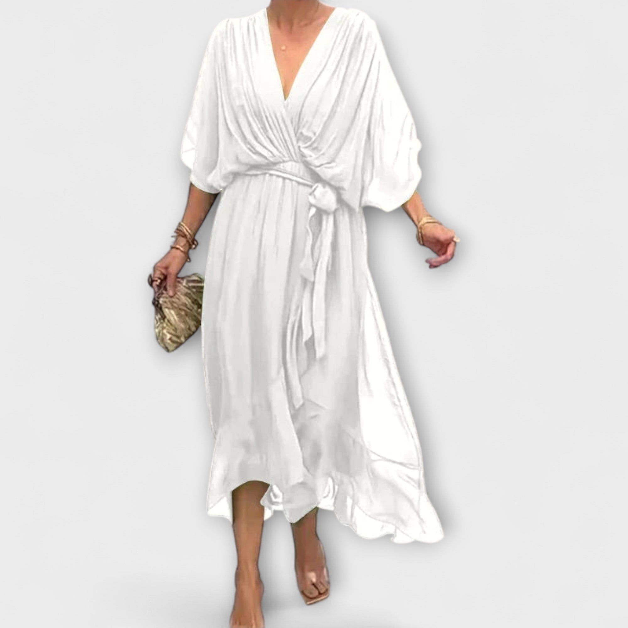 Mirka | Lehké damské midi šaty s výstřihem do V a zavazováním v pase