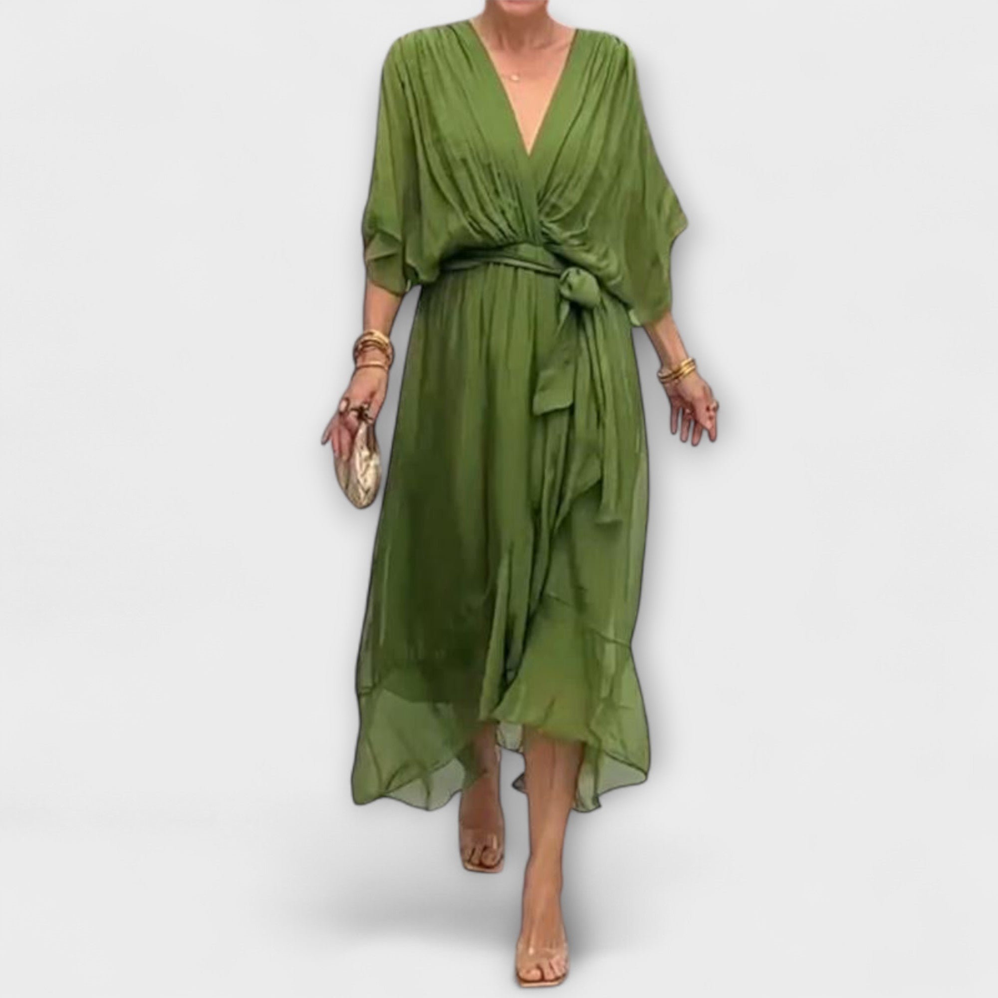 Mirka | Lehké damské midi šaty s výstřihem do V a zavazováním v pase